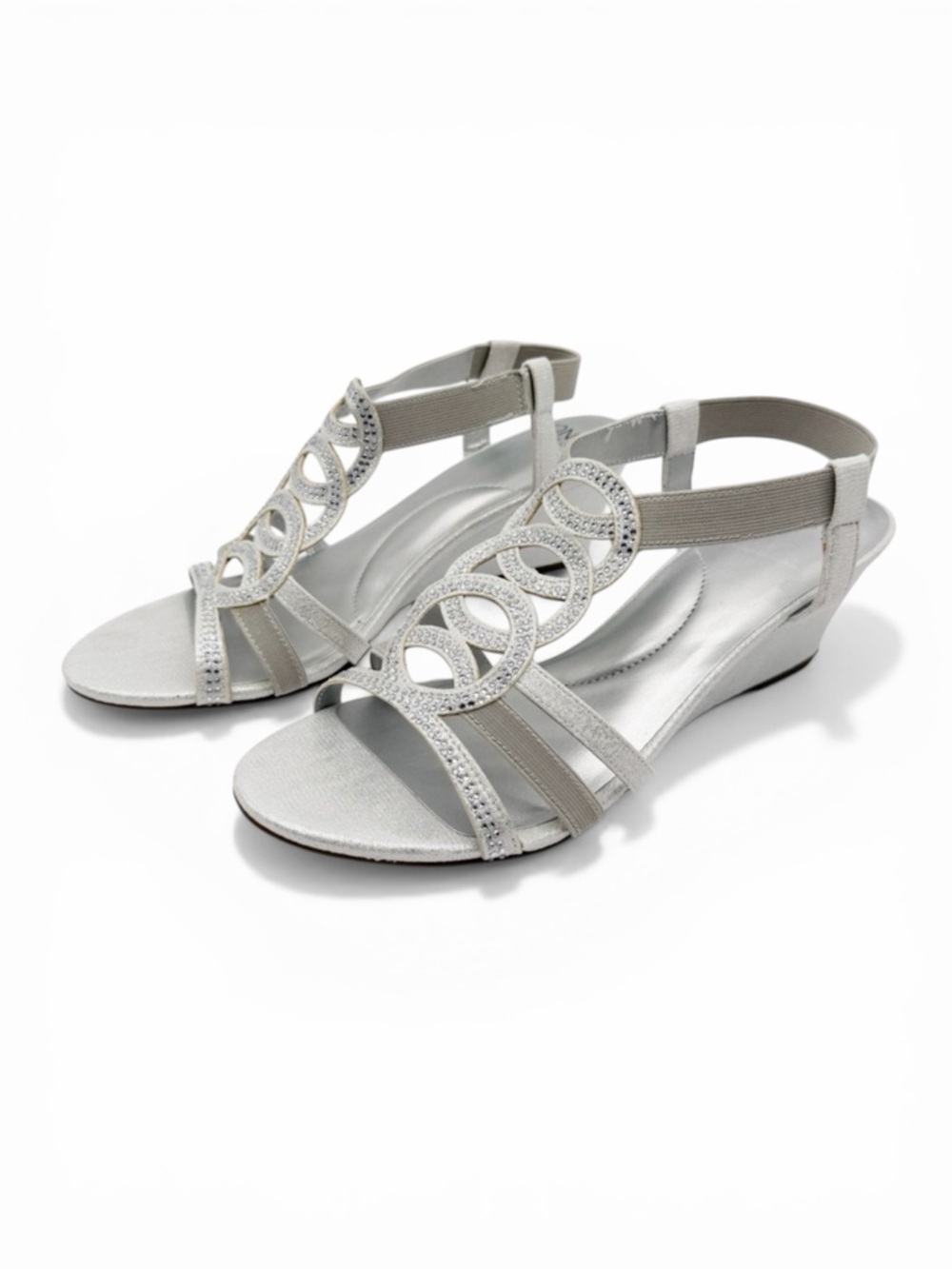 Jones New York Denice Strappy Bling Wedge Sandals Elastic Ankle Silver 9.5 NEW